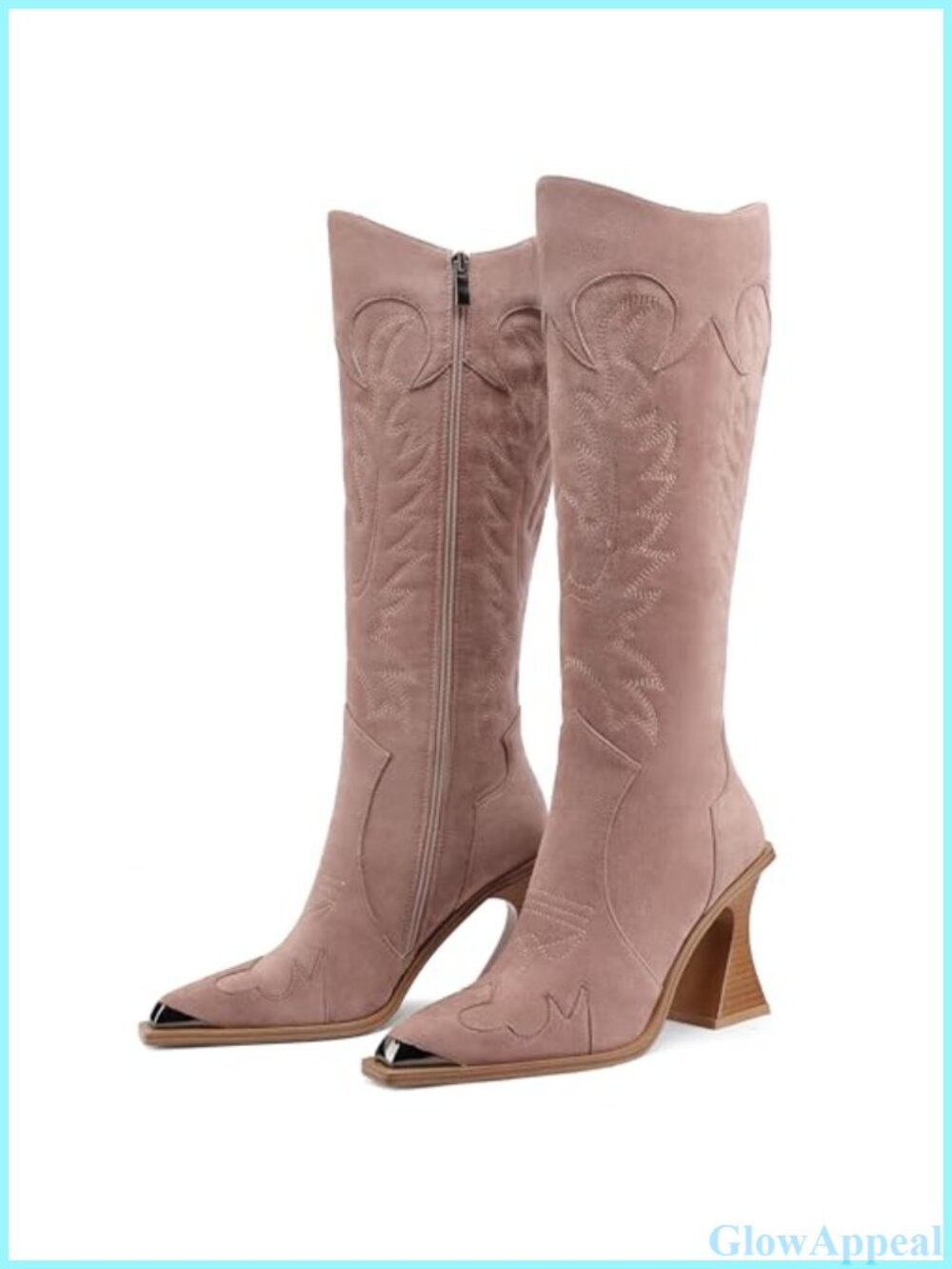 Women's Knee High Cowboy Boots Square Toe Embroidered Heeled Western